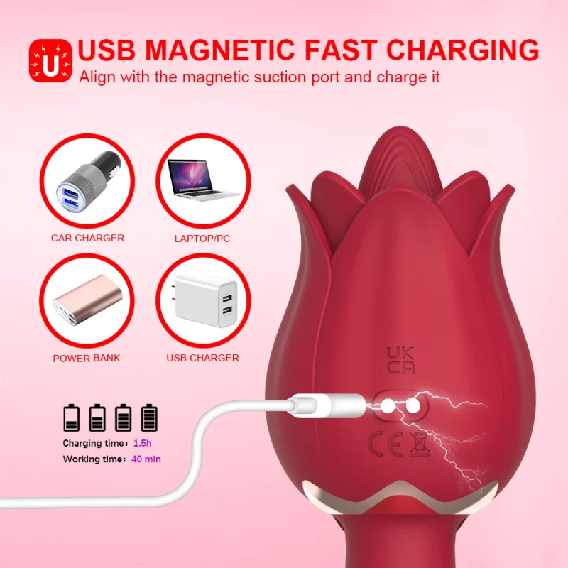 Thrusting Rose Toy With Dildo USB magnetic fast charging